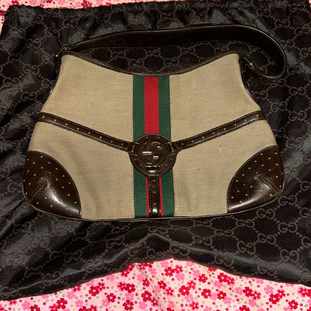 Gucci Canvas & Leather Brown Vintage Reins Shoulder Purse